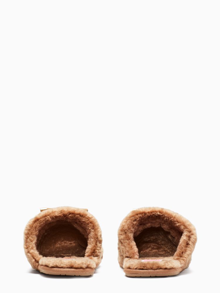 Kate Spade,Lucy Slippers,Faux Fur,Faux Leather,Slippers,Bow,Logo,Metal,Indoor,Brown