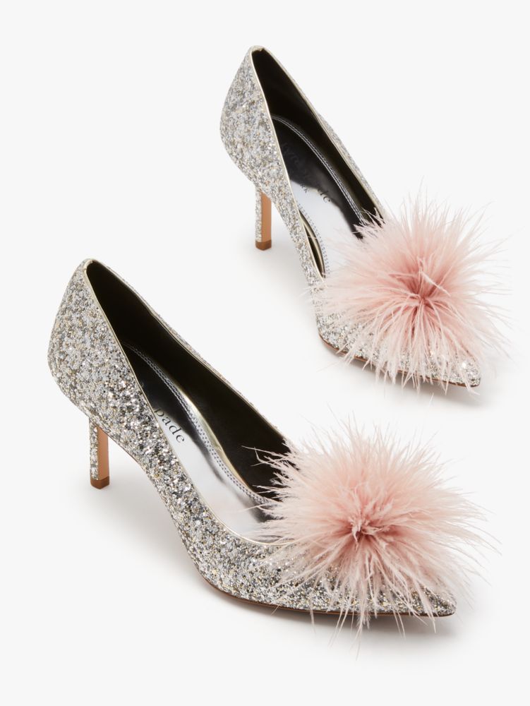 Kate Spade,Marabou Pumps,Glitter,Evening,Gold/Silver