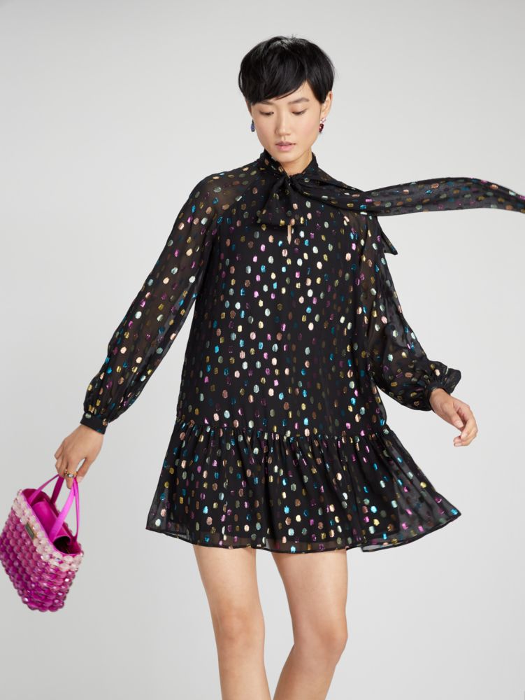 Kate Spade,Metallic Holiday Dots Tie-Neck Shift Dress,Cocktail,