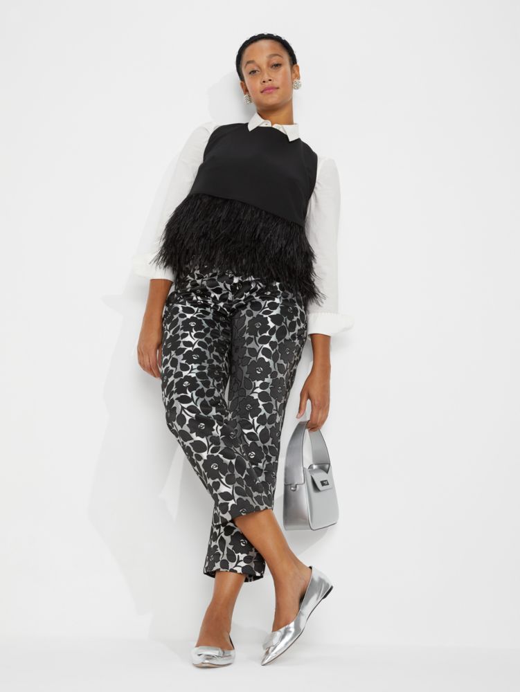Kate Spade,Feather Trim Crepe Top,Crepe,Polyester,Blouse,Tank,Embellished,Feather,Lined,Cocktail,Black