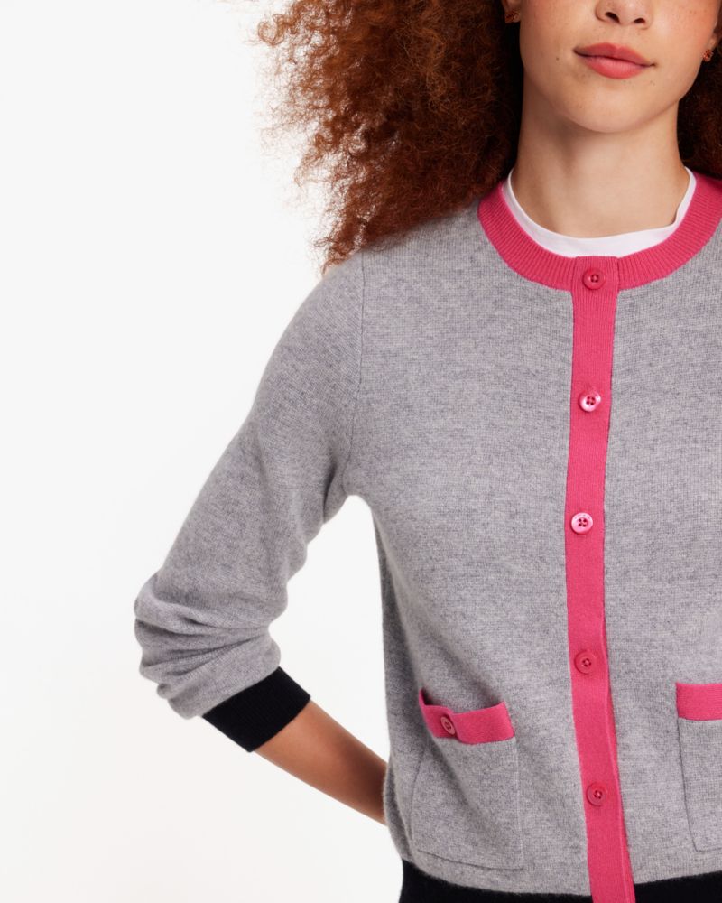 Kate Spade,Cashmere Crewneck Cardigan,Grey Melange/Pom Pom Pink