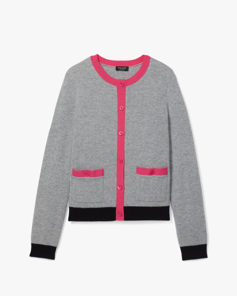 Kate Spade,Cashmere Crewneck Cardigan,Grey Melange/Pom Pom Pink