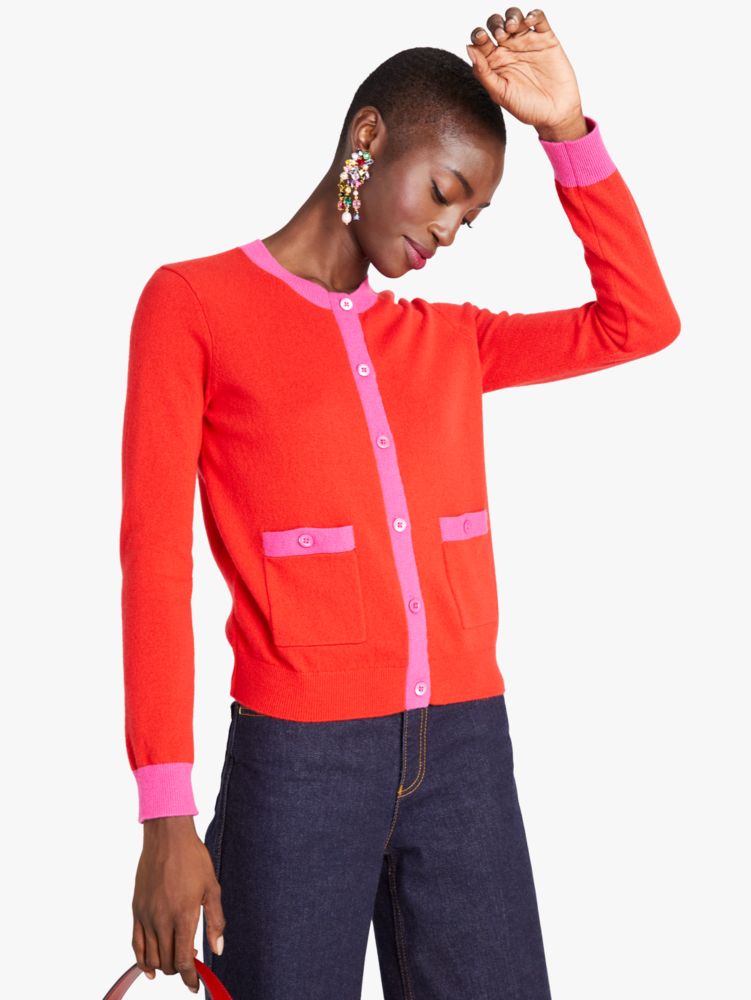 Kate Spade,Cashmere Crewneck Cardigan,Flame Scarlet/Rosa Plum