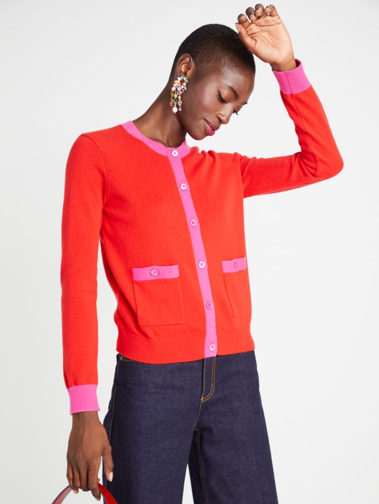 Kate Spade,Cashmere Crewneck Cardigan,Flame Scarlet/Rosa Plum