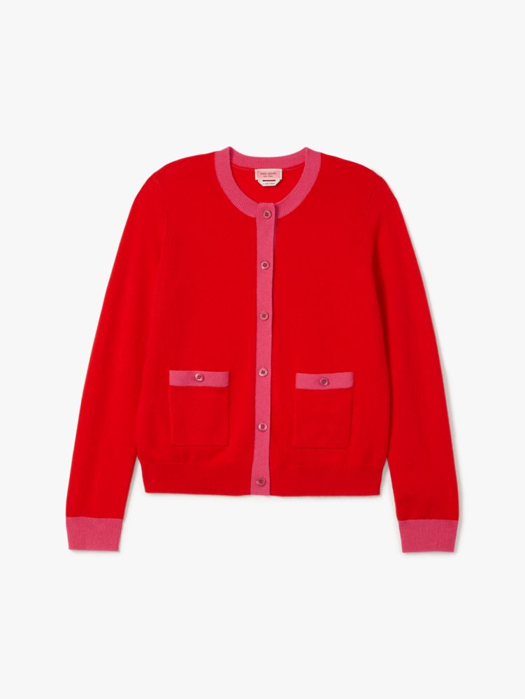 Kate Spade,Cashmere Crewneck Cardigan,Flame Scarlet/Rosa Plum