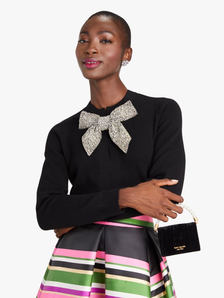 Kate Spade,Embellished Bow-neck Cardigan,Wool,Spandex,Polyamide,Cardigan,Bead Embellishment,Pearl,Bow,Day Party,