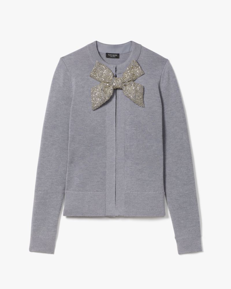 Kate Spade,Embellished Bow-Neck Cardigan,Glitter,Grey Melange