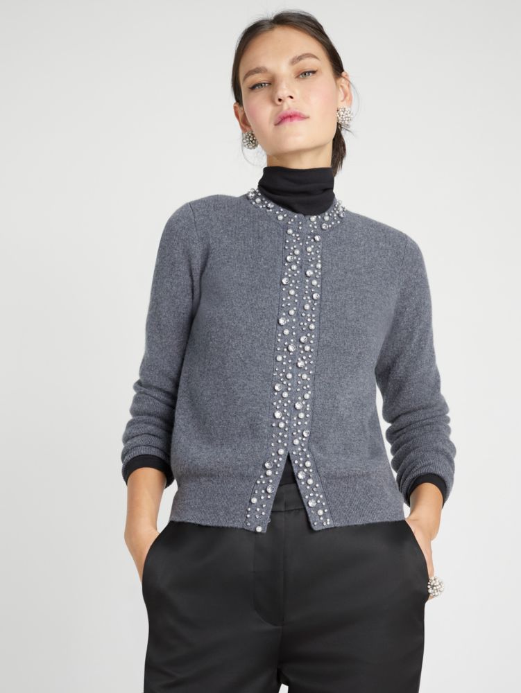 Kate Spade,Pearl Rhinestone Embellished Cardigan,Medium Grey Melange