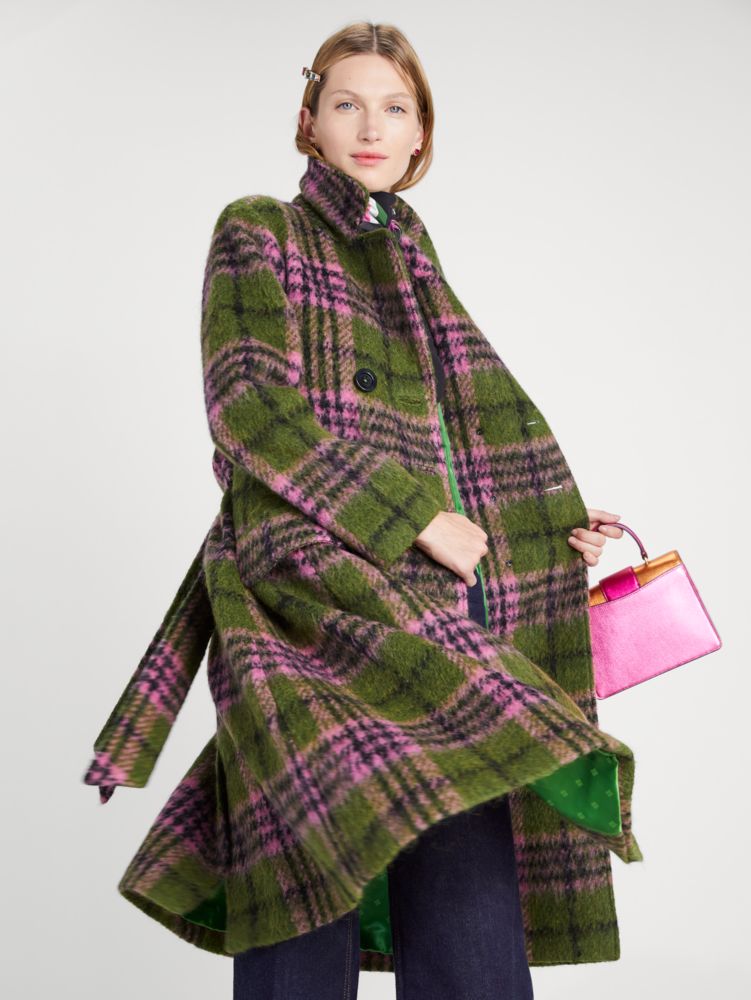 Kate Spade,Plaid Tie-Waist Coat,Bitter Greens