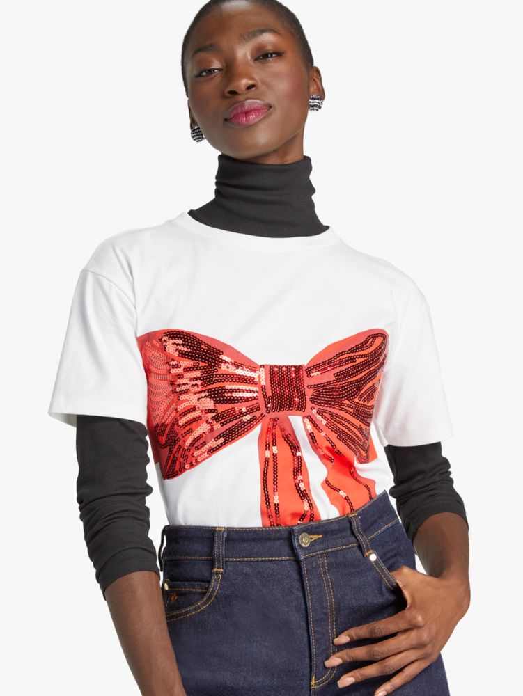 Kate Spade,Embellished Bow Tee,Fresh White/Flame Scarlet