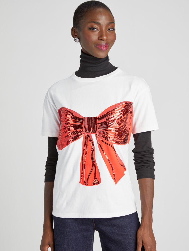 Kate Spade,Embellished Bow Tee,Fresh White/Flame Scarlet