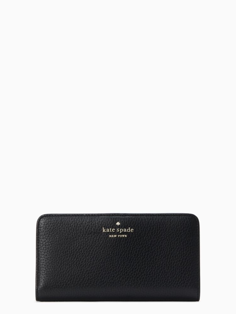 Kate Spade,Dumpling Large Slim Bifold Wallet,Leather,Continental,Bi Fold,Metal,Logo,Silver Metal,Casual,Black