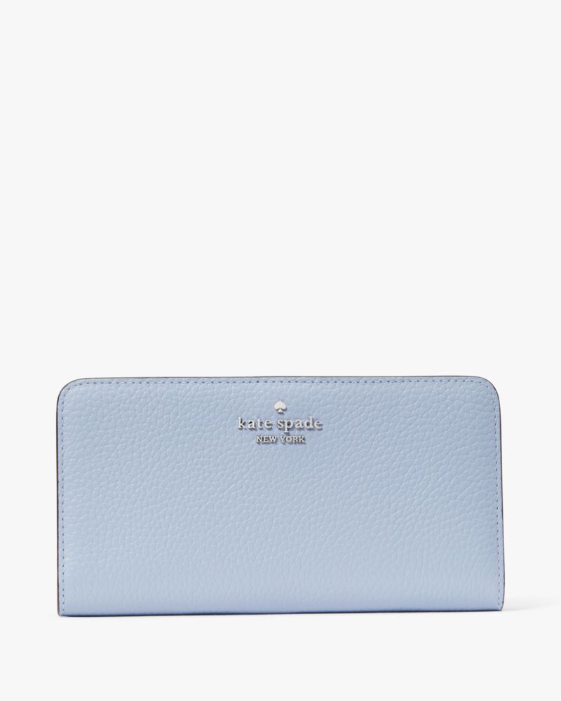 Kate Spade,Dumpling Large Slim Bifold Wallet,Leather,Continental,Bi Fold,Metal,Logo,Silver Metal,Casual,Blue