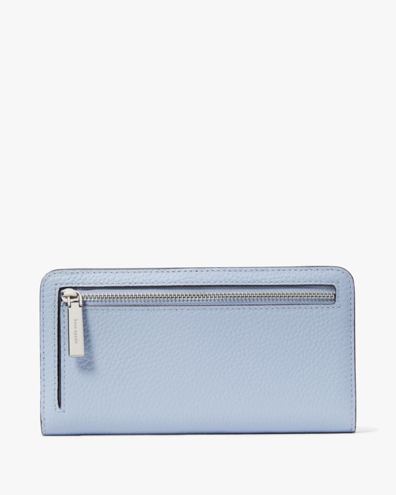 Kate Spade,Dumpling Large Slim Bifold Wallet,Leather,Continental,Bi Fold,Metal,Logo,Silver Metal,Casual,Blue