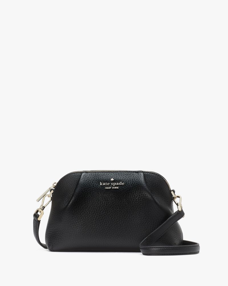 Kate Spade,Dumpling Convertible Crossbody,Leather,Wristlet,Crossbody,Metal,Pleats,Logo,Lined,Casual,Black