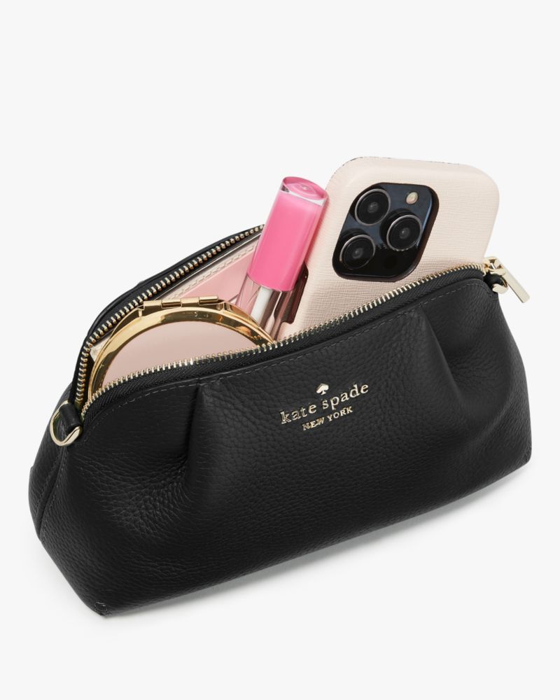Kate Spade,Dumpling Convertible Crossbody,Leather,Crossbody,Wristlet,Logo,Metal,Pleats,Lined,Casual,Black