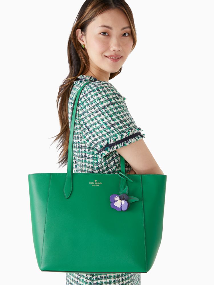 Kate Spade Dana Tote Top Zip Shoulder Bag Green Bean Flower Charm Dangle 