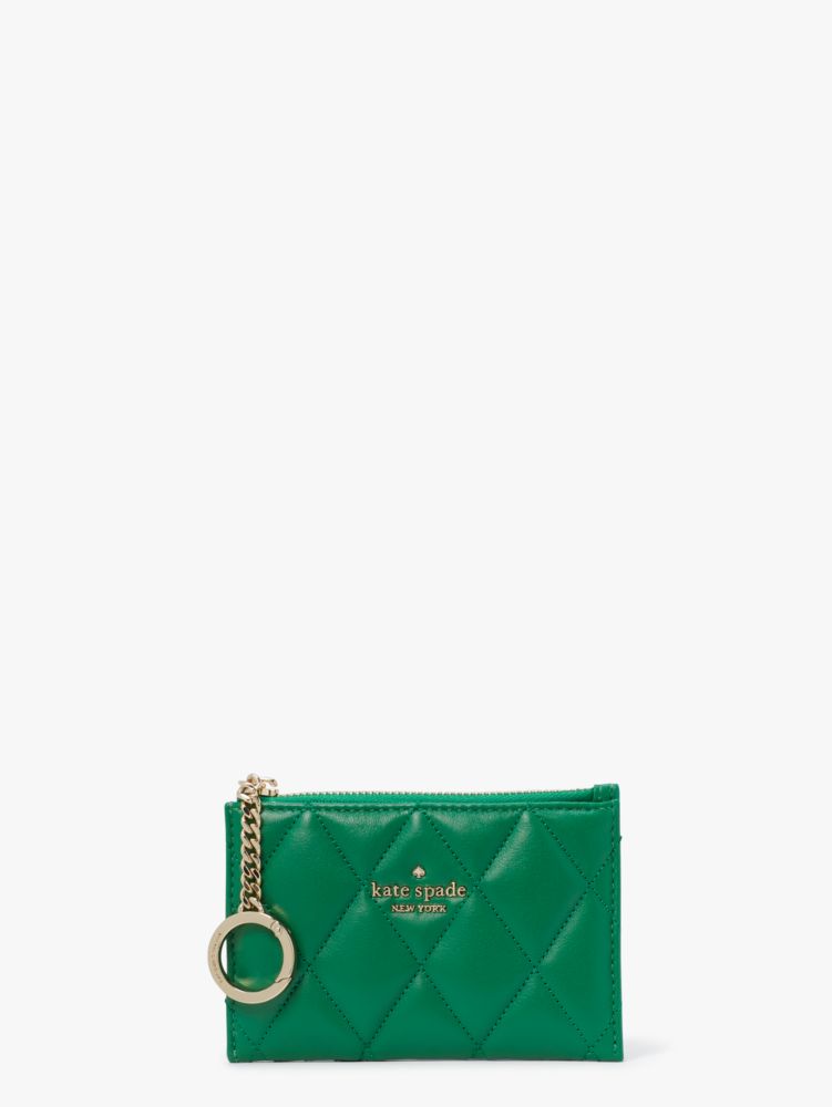 Kate Spade,キャリー スムース キルテッド レザー スモール ジップ カード ホルダー,財布小物,グリーンビーン image number 0