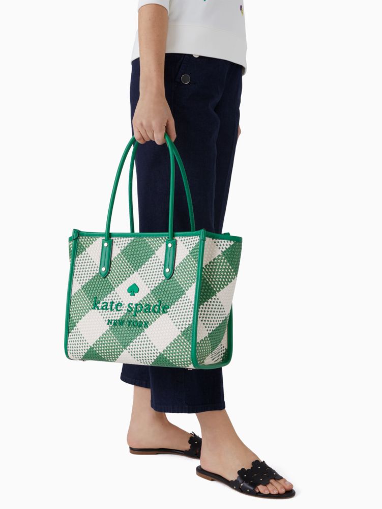 Kate Spade,エラ オーバーサイズ ウーブン ギンガム ラージ トート,バッグ,グリーンビーン