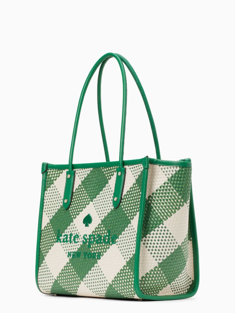Kate Spade,エラ オーバーサイズ ウーブン ギンガム ラージ トート,バッグ,グリーンビーン