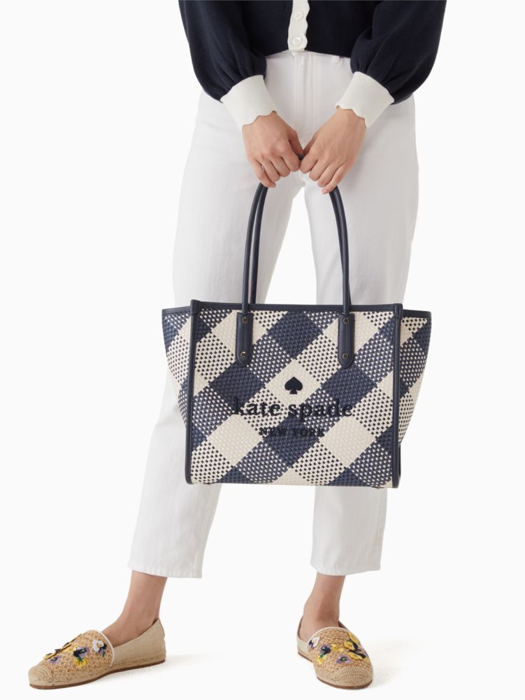 Kate Spade Ella Gingham Blazer Blue Oversized Woven Shoulder Tote