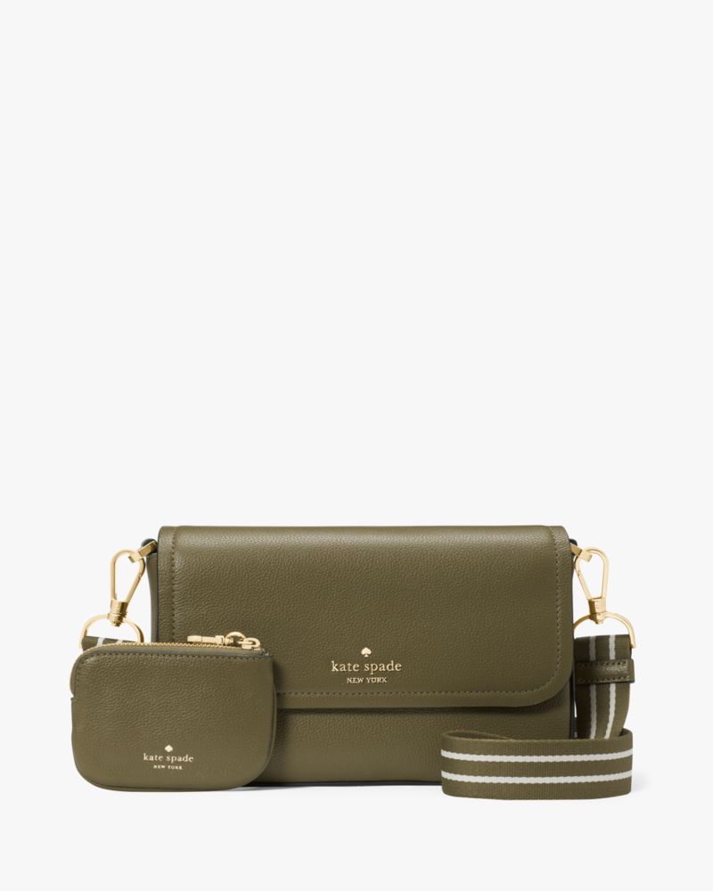 Kate Spade,Rosie Flap Crossbody,Lining Leather,Leather,Crossbody,Coin,Logo,Stripe,Metal,Word Embellishment,Lined,Casual,Olive