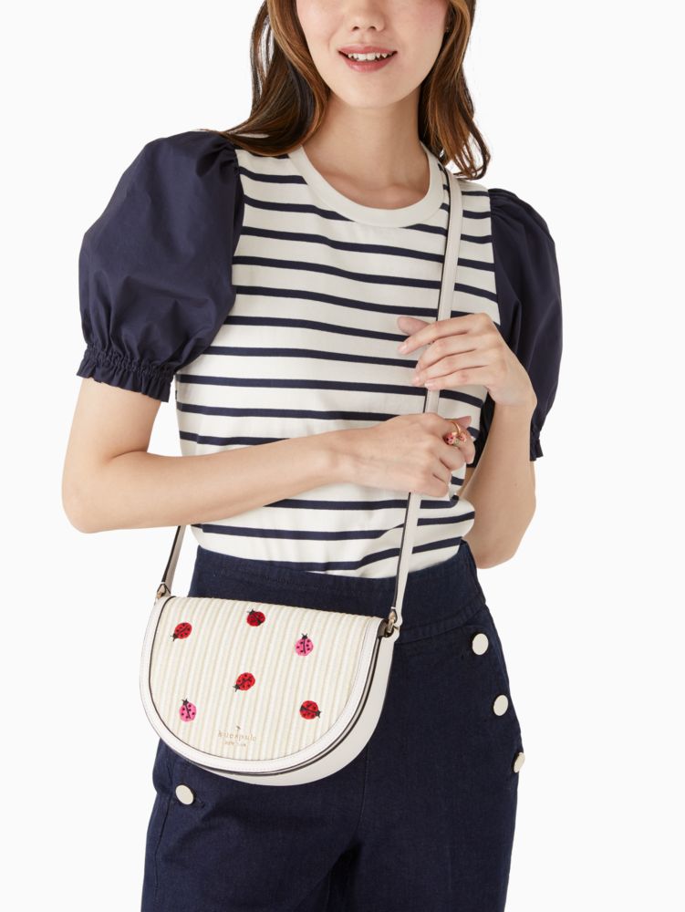 Kate Spade,Luna Crescent Ladybug Crossbody,Saddle Bag,Metal Material,Straw,Pattern,Mixed Media,Logo,Day Party,Cream