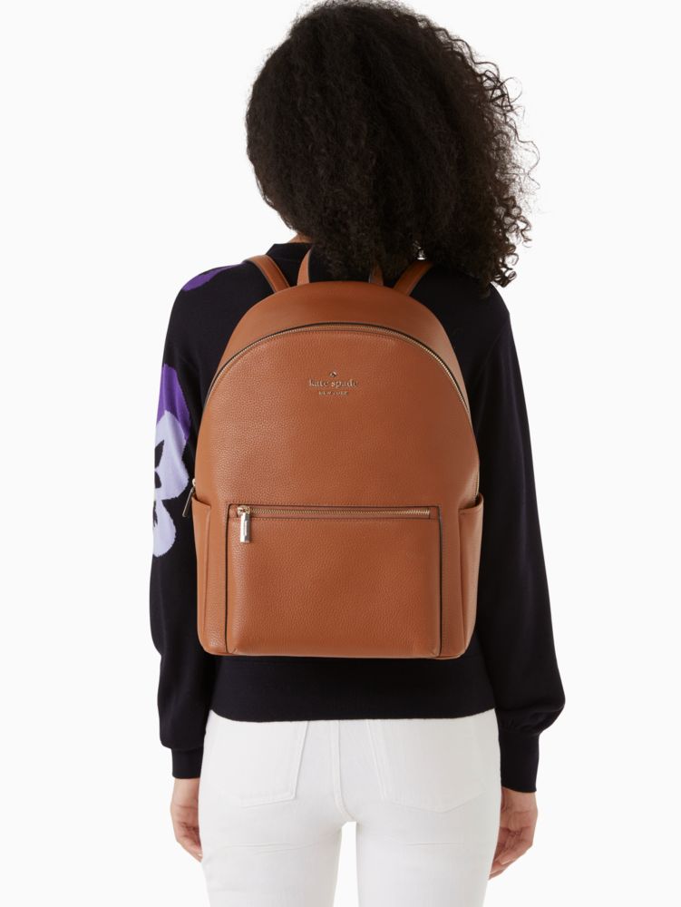 Kate Spade,Leila Pebbled Leather Large Dome Backpack,Leather,Backpack,Logo,Metal,Lined,Casual,Brown