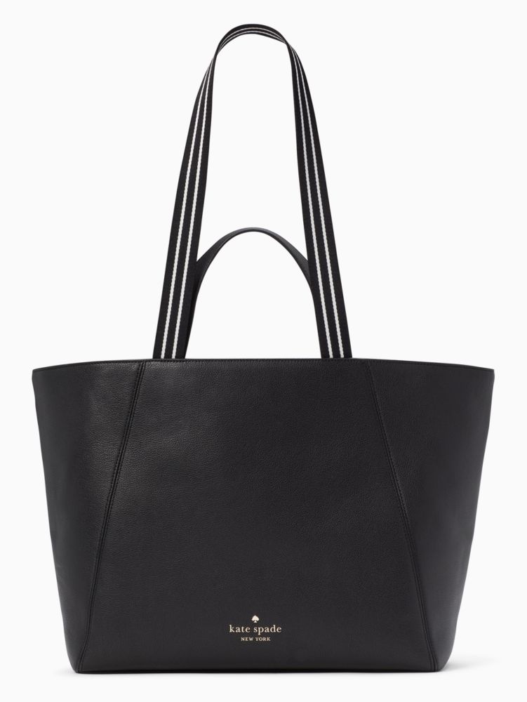 Kate Spade,Rosie Large Tote,Leather,Tote,Stripe,Logo,Word Embellishment,Lined,Work,Black