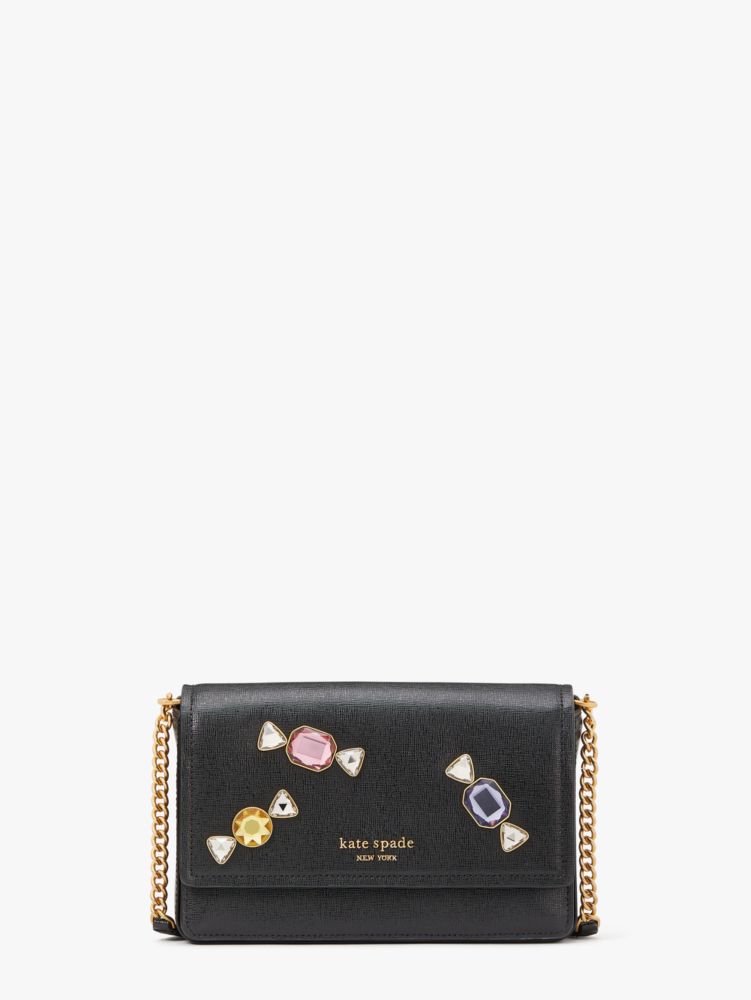 Kate Spade,Gala Stone Embellished Flap Chain Wallet,Glitter,