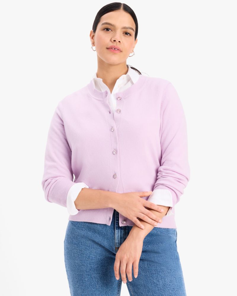 Kate Spade,Cashmere Crewneck Cardigan,Cashmere,Polyamide,Spandex,Cardigan,Button,Rhinestones,Casual,Lavender