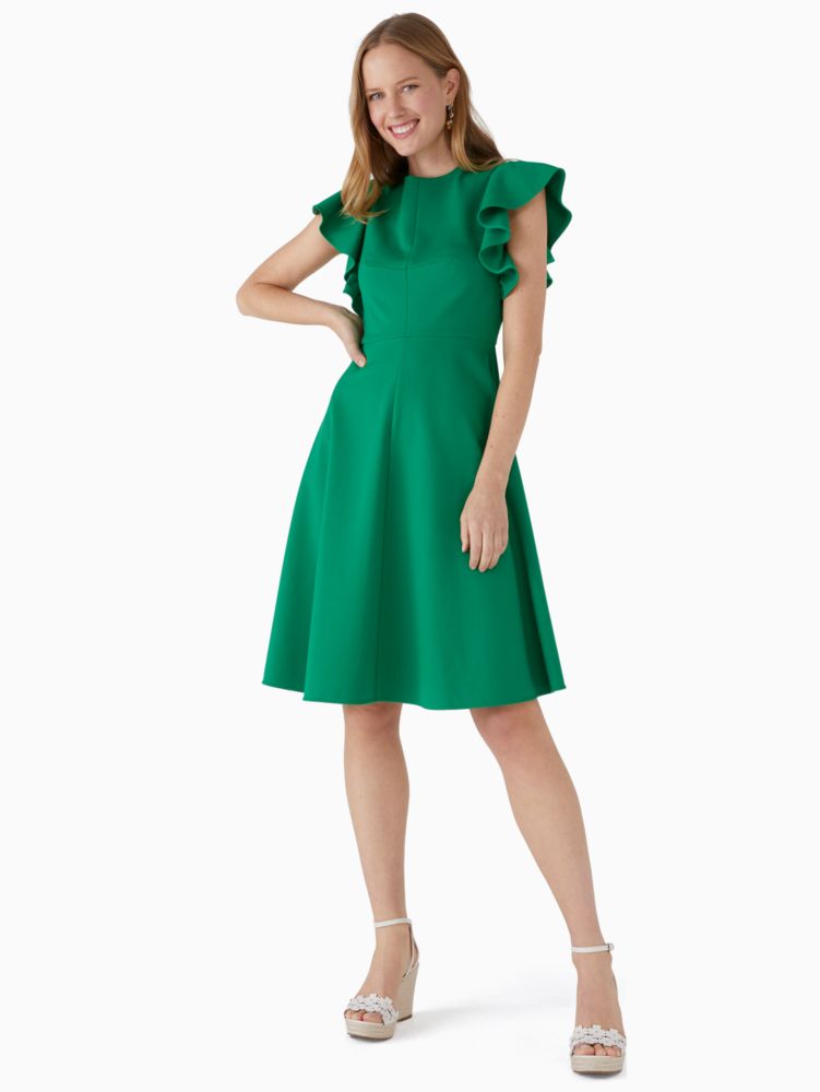 Kate Spade,Ponte Flutter-sleeve Dress,Viscose,Lining Polyester,A-Line,No Embellishment,Lined,Day Party,Green