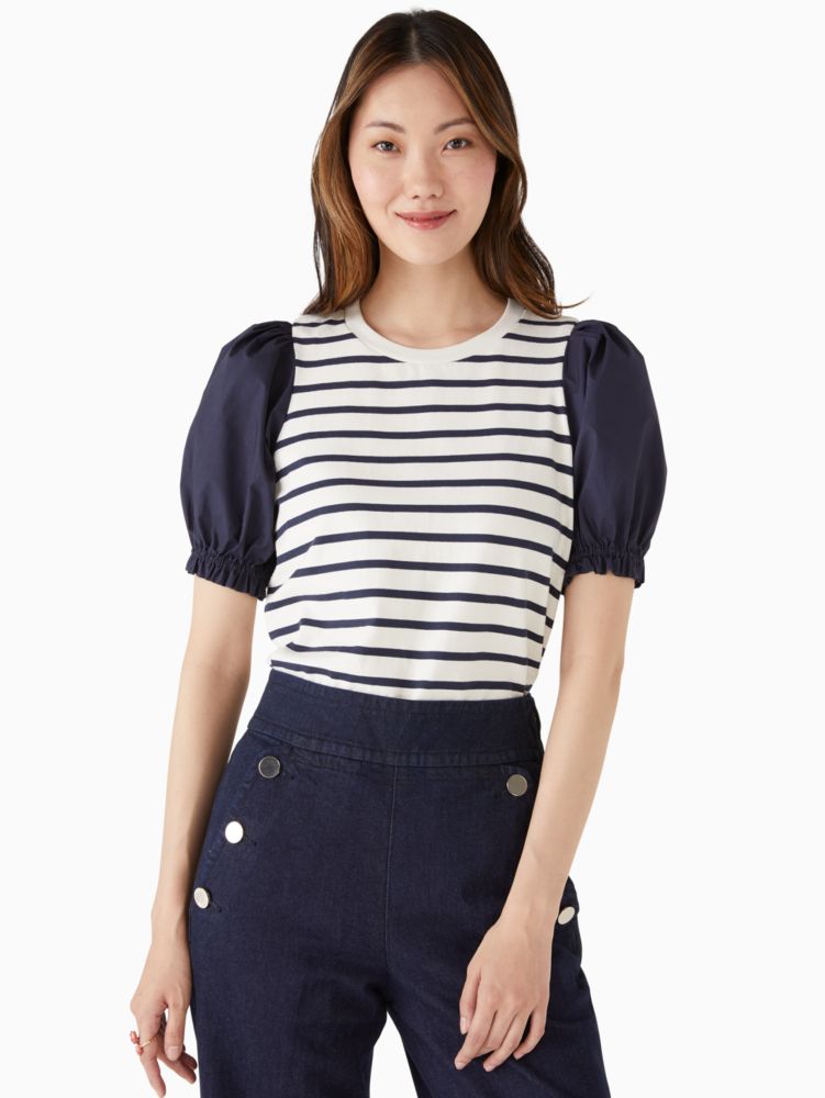 Kate Spade,striped puff sleeve knit top,cotton,Blazer Blue