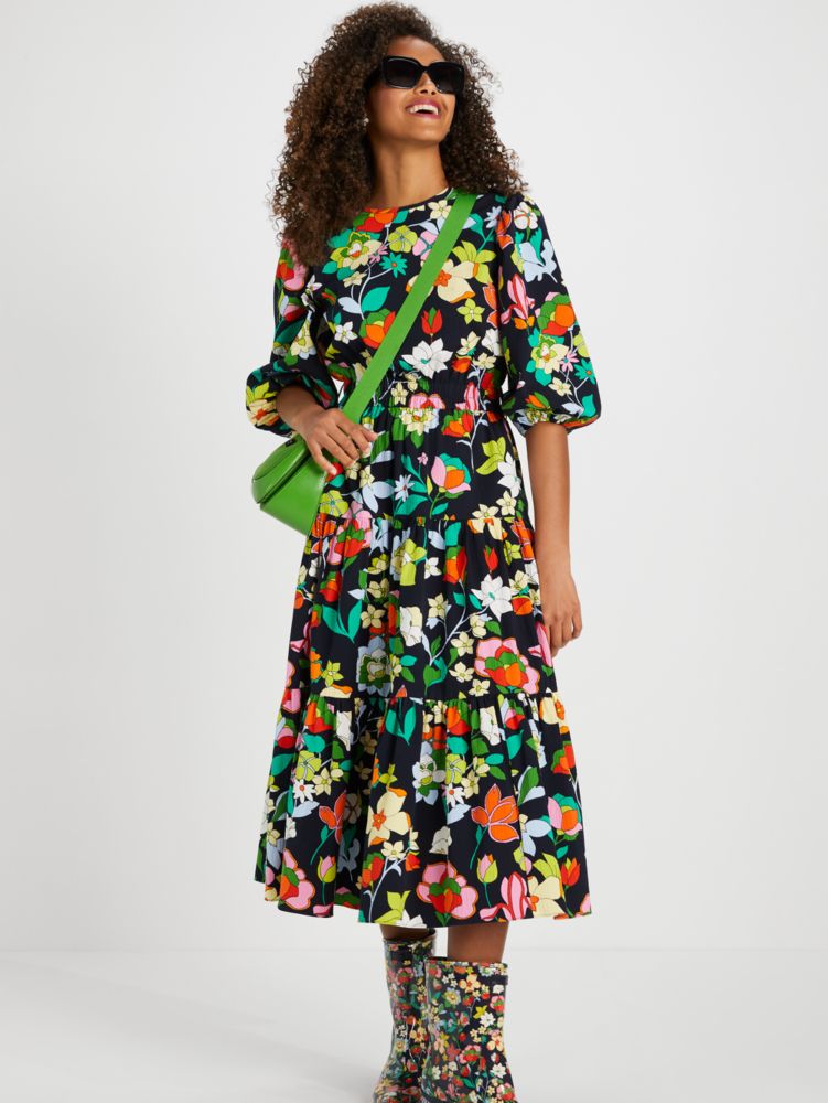 Kate Spade,Flower Bed Lawn Dress,Seersucker,Cotton,Spandex,Prairie,A-Line,Tie Belt,Day Party,