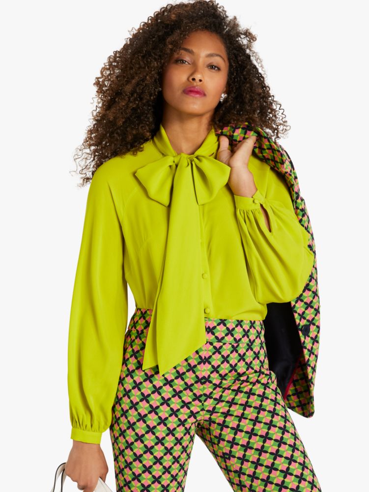 Kate Spade,Tie-Neck Georgette Shirt,Lime Zest