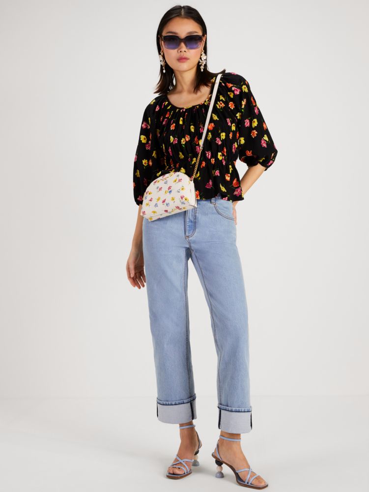 Kate Spade,Tulip Toss Riviera Top,Cotton,Blouse,Ruffles,Ruched,Day Party,Black