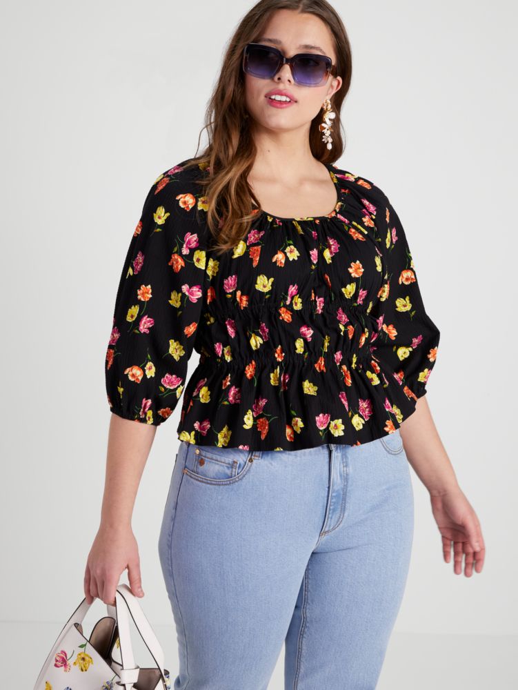 Kate Spade,Tulip Toss Riviera Top,Cotton,Blouse,Ruffles,Ruched,Day Party,Black