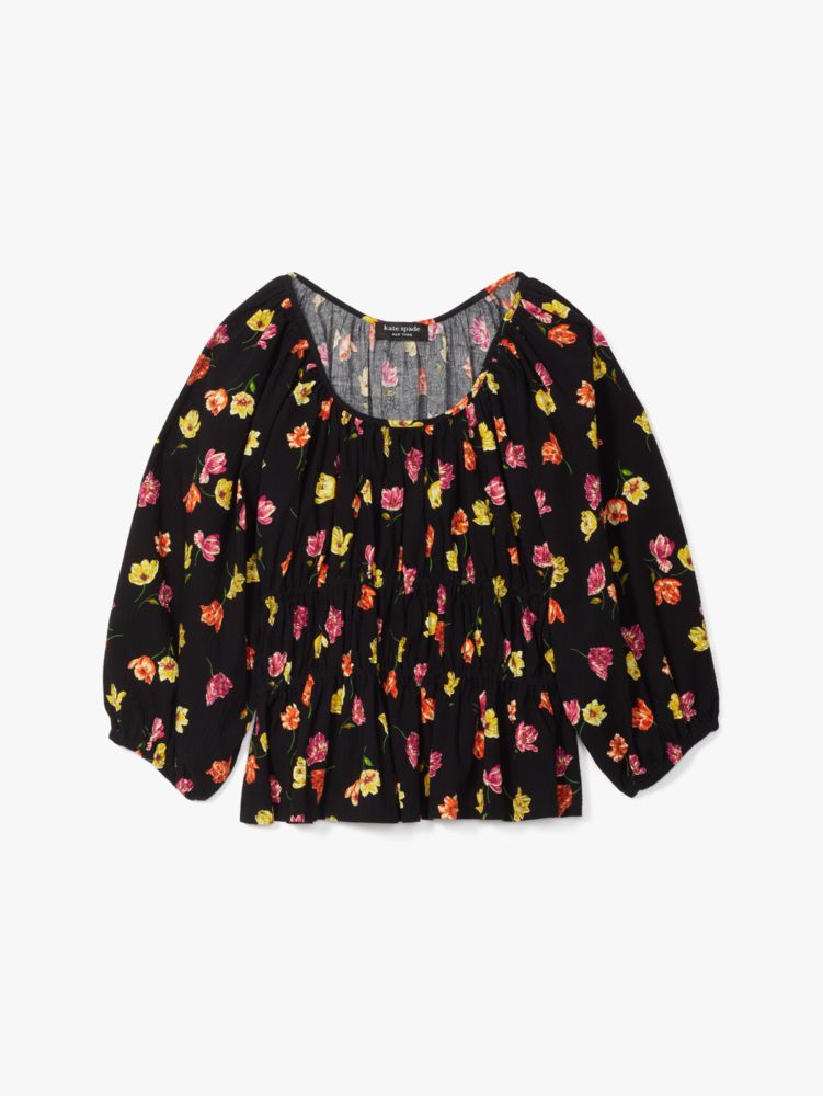 Kate Spade,Tulip Toss Riviera Top,Cotton,Blouse,Ruffles,Ruched,Day Party,Black