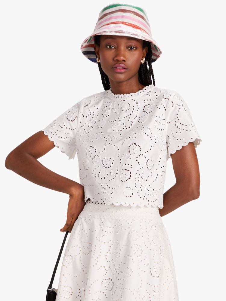 Kate Spade,Floral Embroidered Cutwork Top,French Cream