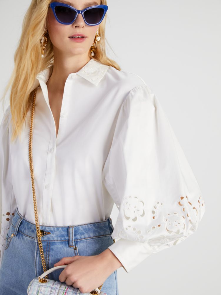 Kate Spade,Poplin Embroidered Cutwork Shirt,Fresh White