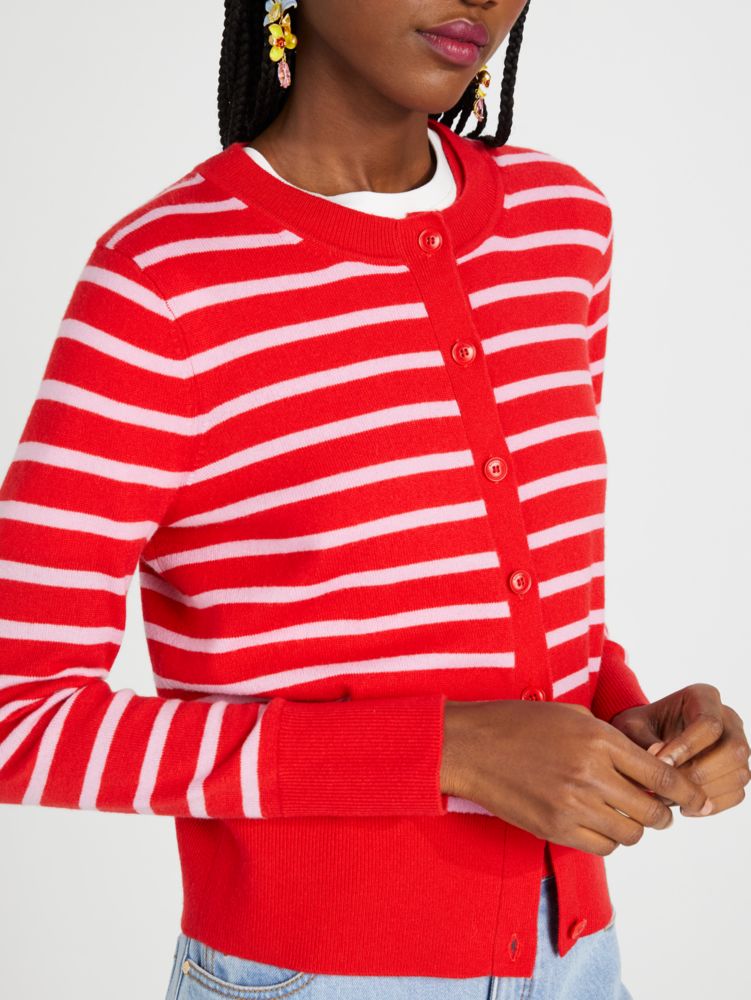 Kate Spade,Breton Stripe Cashmere Crew Neck Cardigan,Fresh Tomato/Strawberry Shake