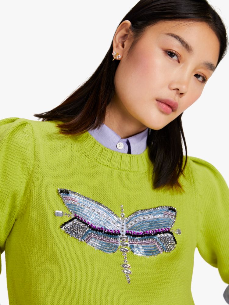 Kate Spade,Dragonfly Embellished Sweater,Lime Zest