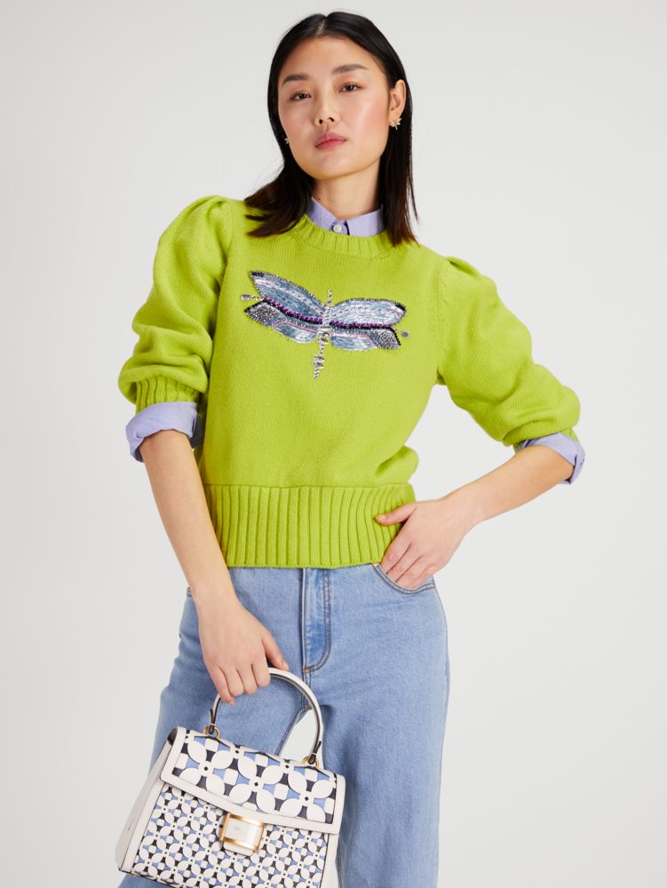 Kate Spade,Dragonfly Embellished Sweater,Lime Zest