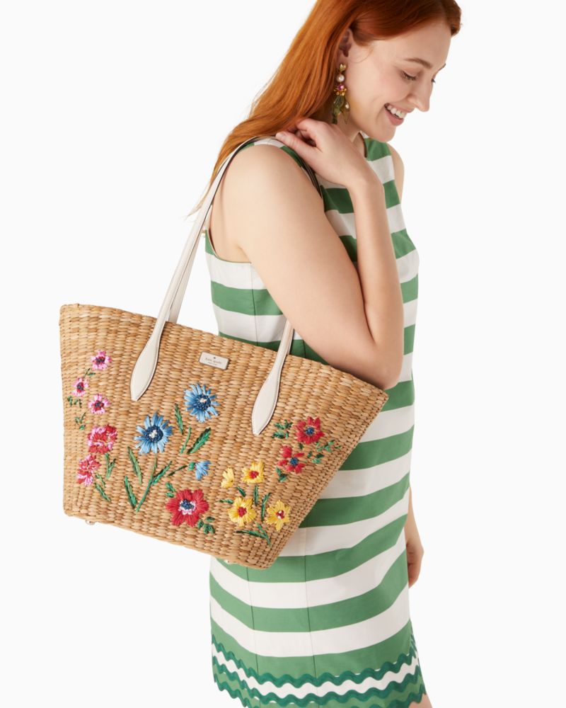 Kate Spade,Garden Bouquet Embroidered Straw Tote,