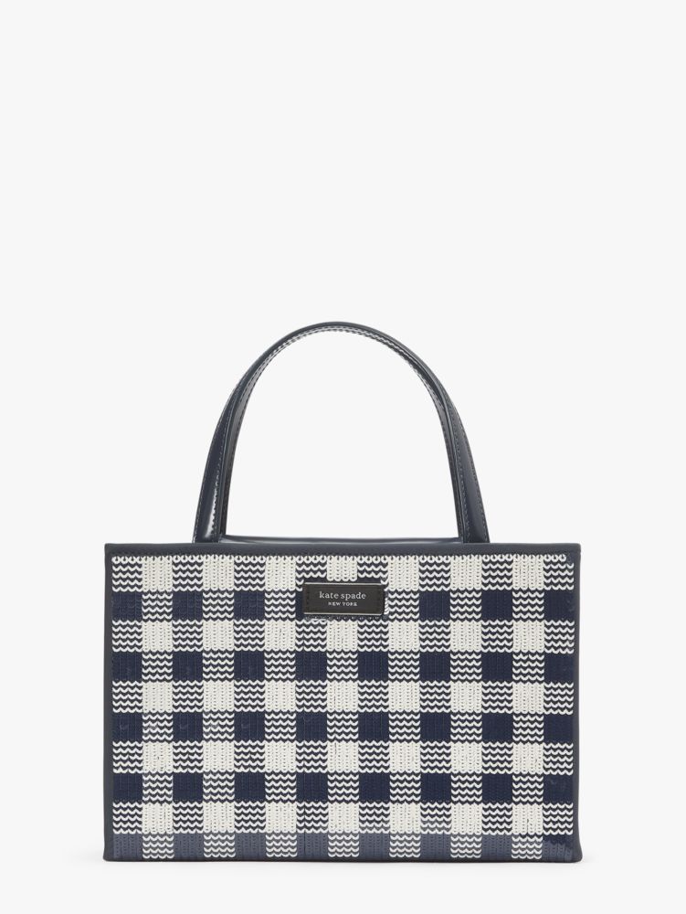 Kate Spade,Sam Icon Gingham Sequin Small Tote,Blazer Blue Multi