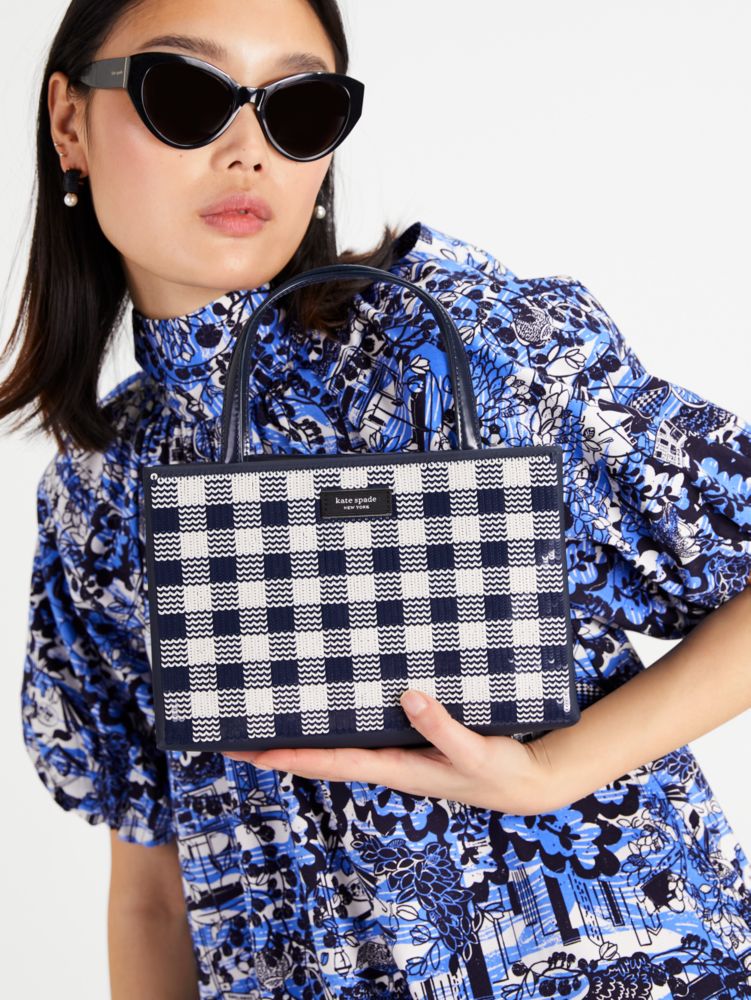 Kate Spade,Sam Icon Gingham Sequin Small Tote,Blazer Blue Multi