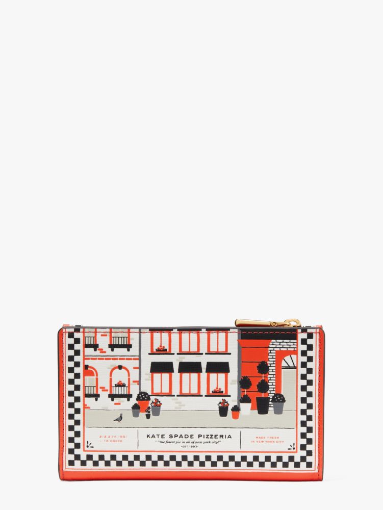 Kate Spade,Slice Embossed Leather Small Slim Bifold Wallet,Leather,Bi Fold,Coin,Piping,Pattern,Word Embellishment,Casual,