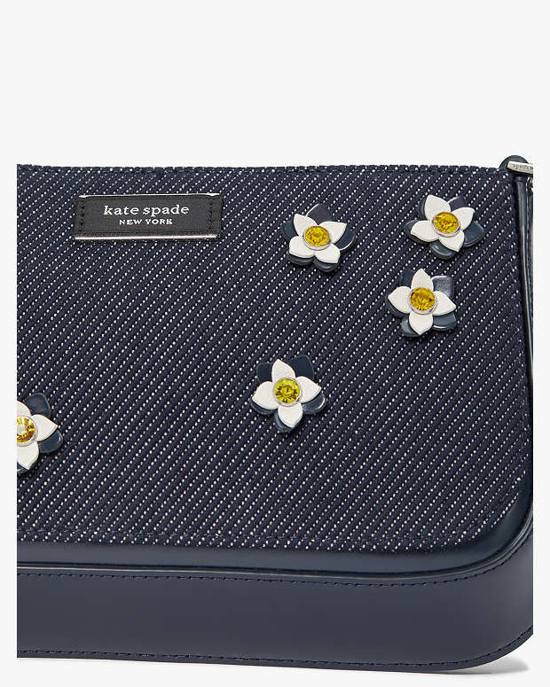 Kate Spade Sam Icon Floral Embellished Denim Small Shoulder Bag