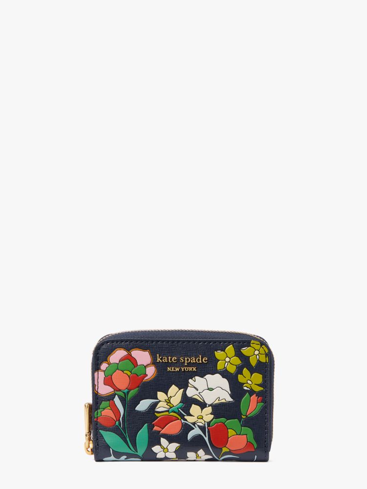 Kate Spade New York Morgan Flower Bed Embossed Saffiano Leather Small Slim  Bifold Wallet Blazer Blue Multi One Size