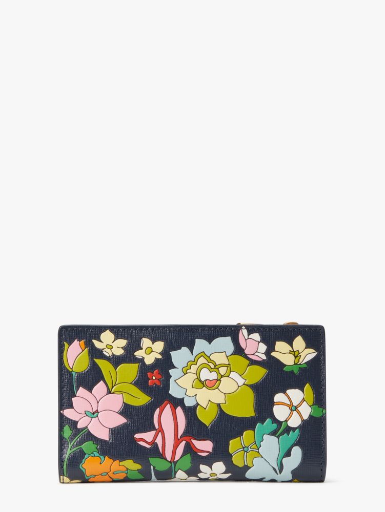 NWT Kate Spade Morgan Flower Bed Embossed Small Slim Bifold Leather Wallet  Blue